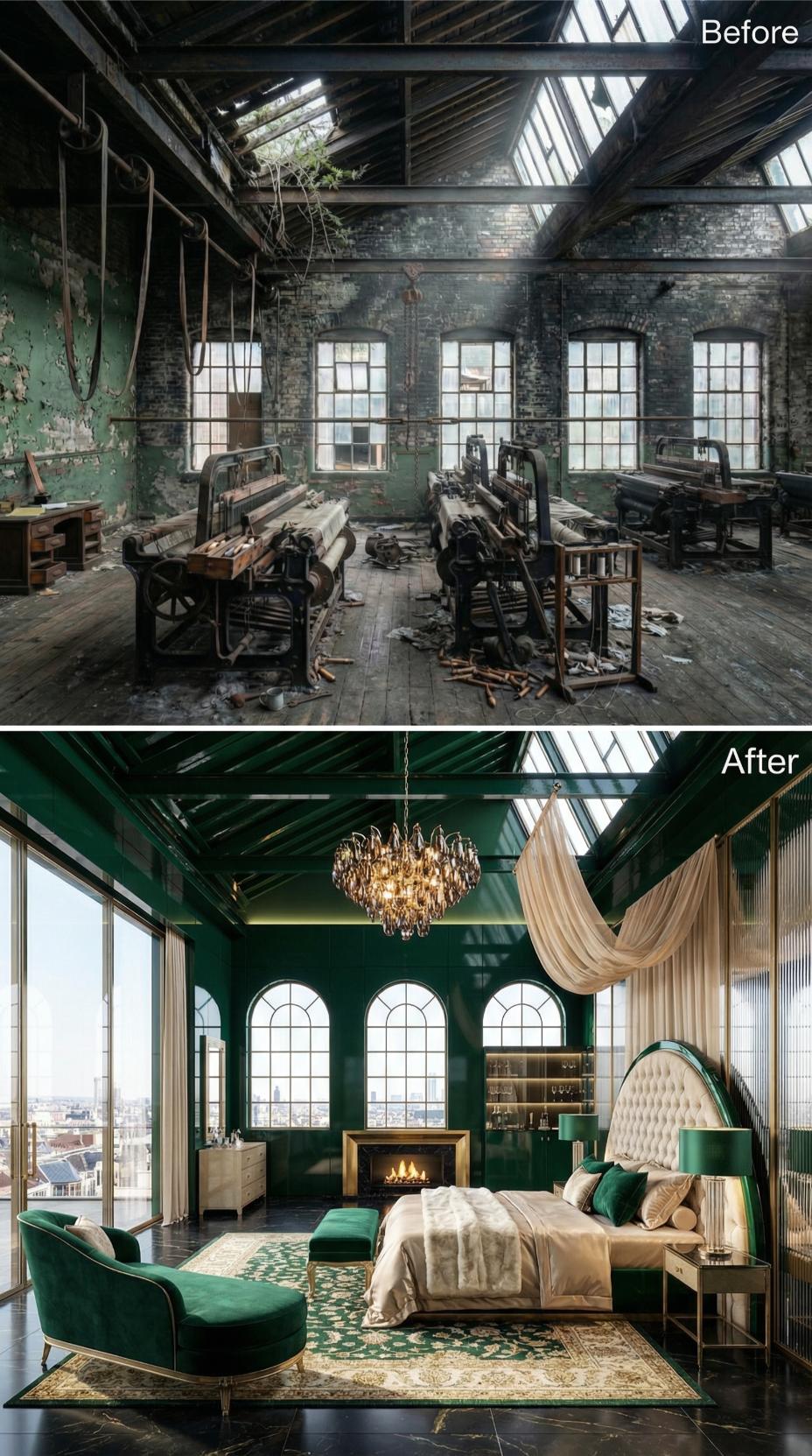 Emerald Lacquer and a Crystal Chandelier Reclaim a Ruined Victorian Loom Floor
