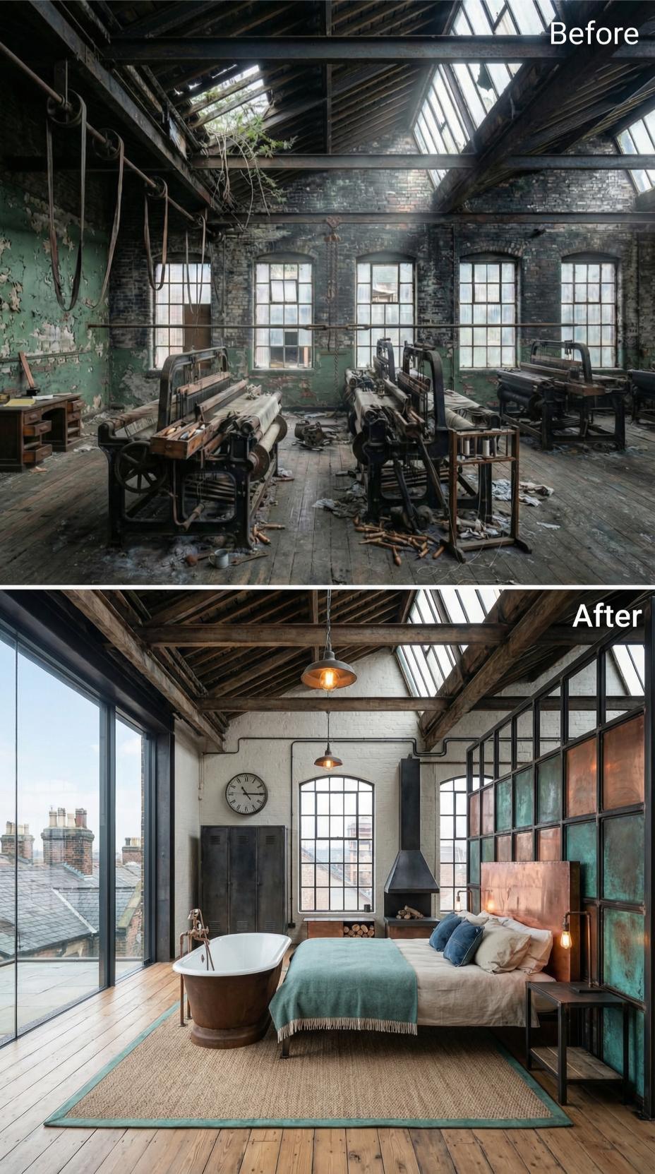 Copper Tub and Steel-Framed Glass Pull a Derelict Loom Floor Into Bedroom Use
