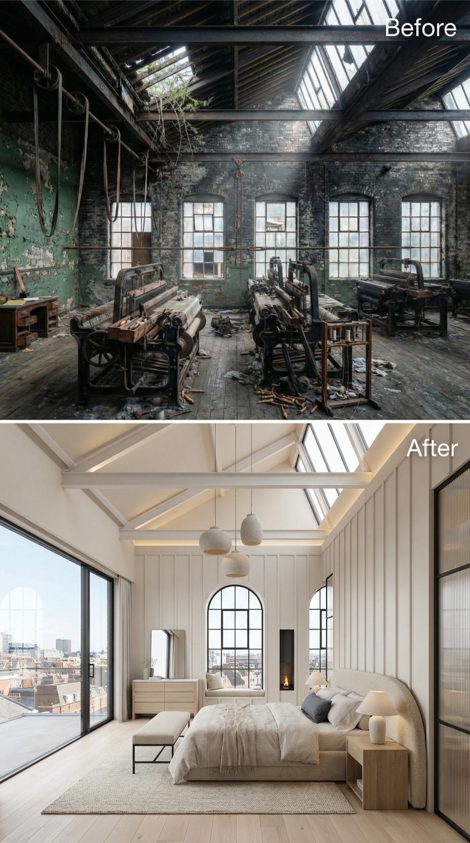 Vaulted Skylights and a Slim Wall Fireplace Claim an Abandoned Mill Corner