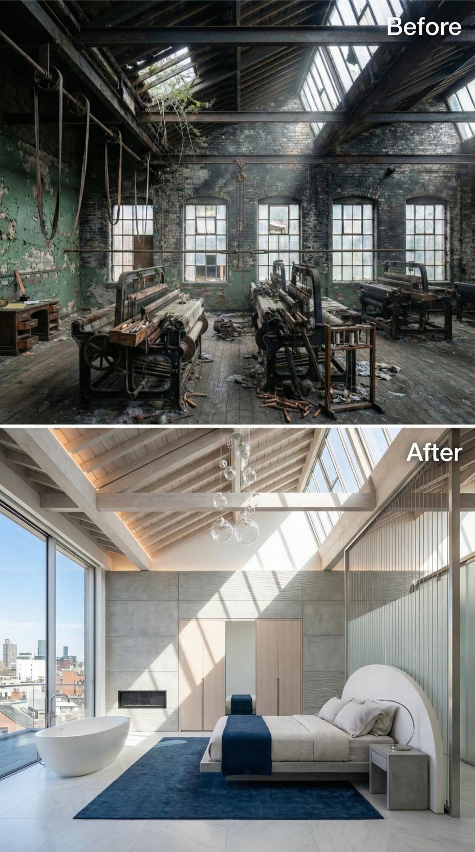 Concrete Panels and Globe Pendants Reclaim a Derelict Victorian Mill Corner