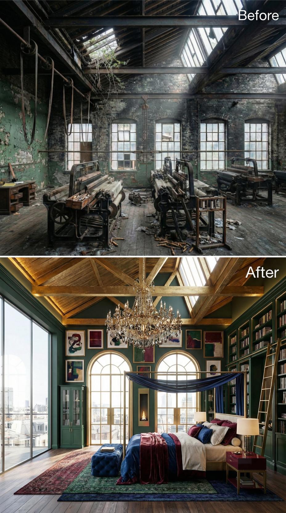 Dark Green Walls and Gold Rafters Pull a Derelict Loom Floor Into Bedroom Life