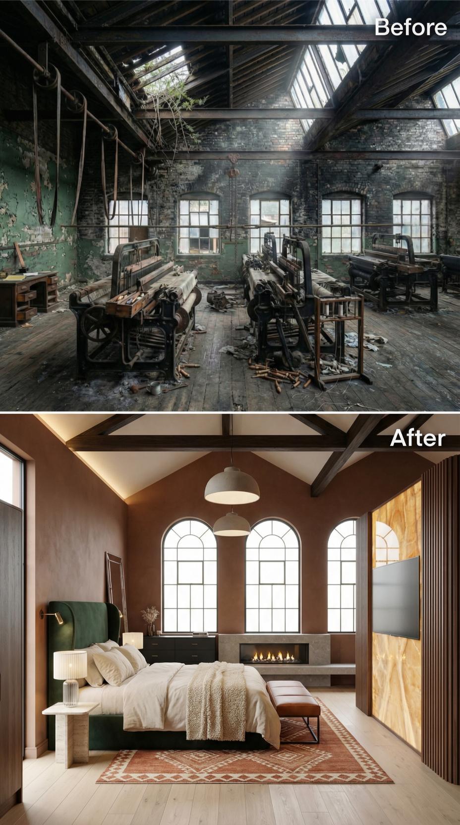 Vaulted Beam Ceiling and Arched Windows Rescue a Derelict Mill Floor