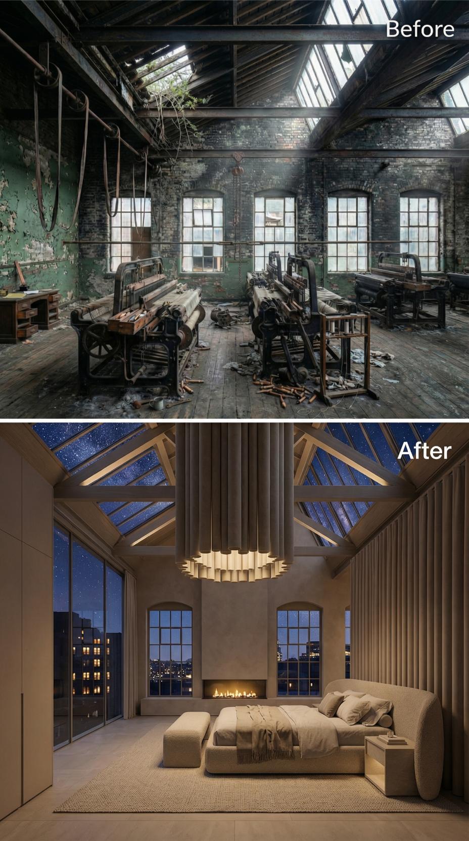 Greige Plaster and Skylight Rafters Reclaim a Ruined Loom Floor as Bedroom