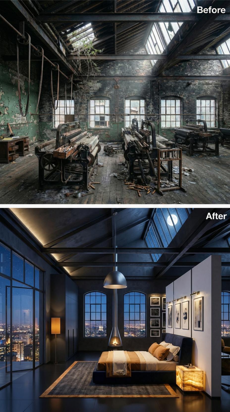 Moon Through Mill Skylights, a Pendant Fireplace, and Onyx Bedside Glow