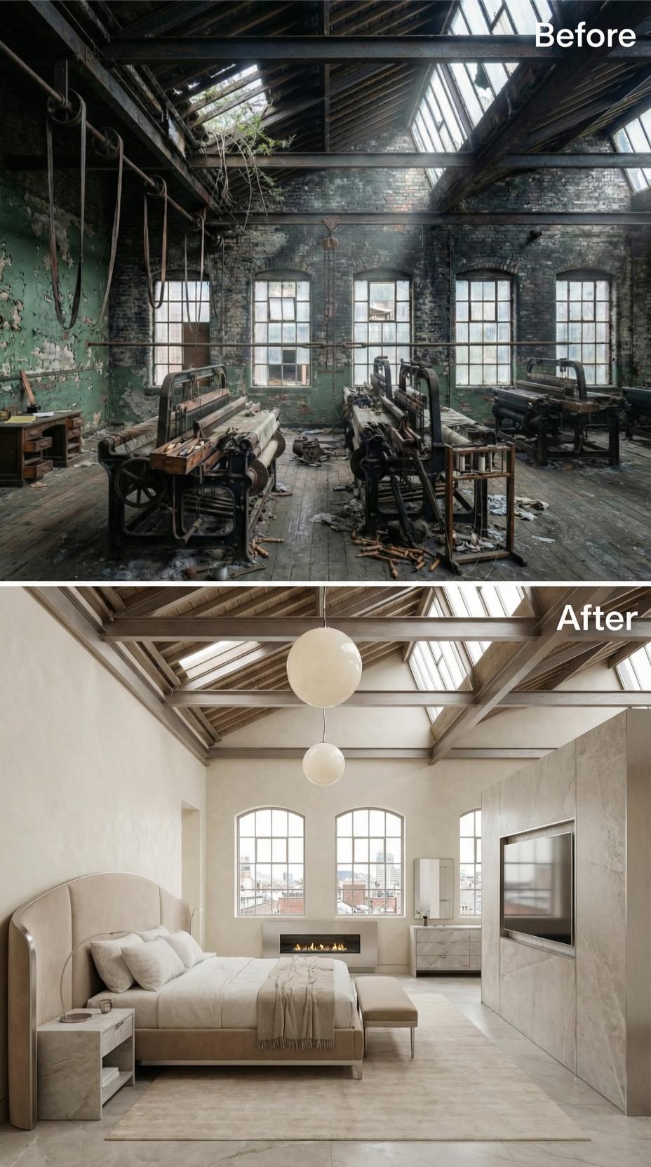 Ivory Plaster and Exposed Rafters Settle a Derelict Loom Floor Into Bedroom Quiet
