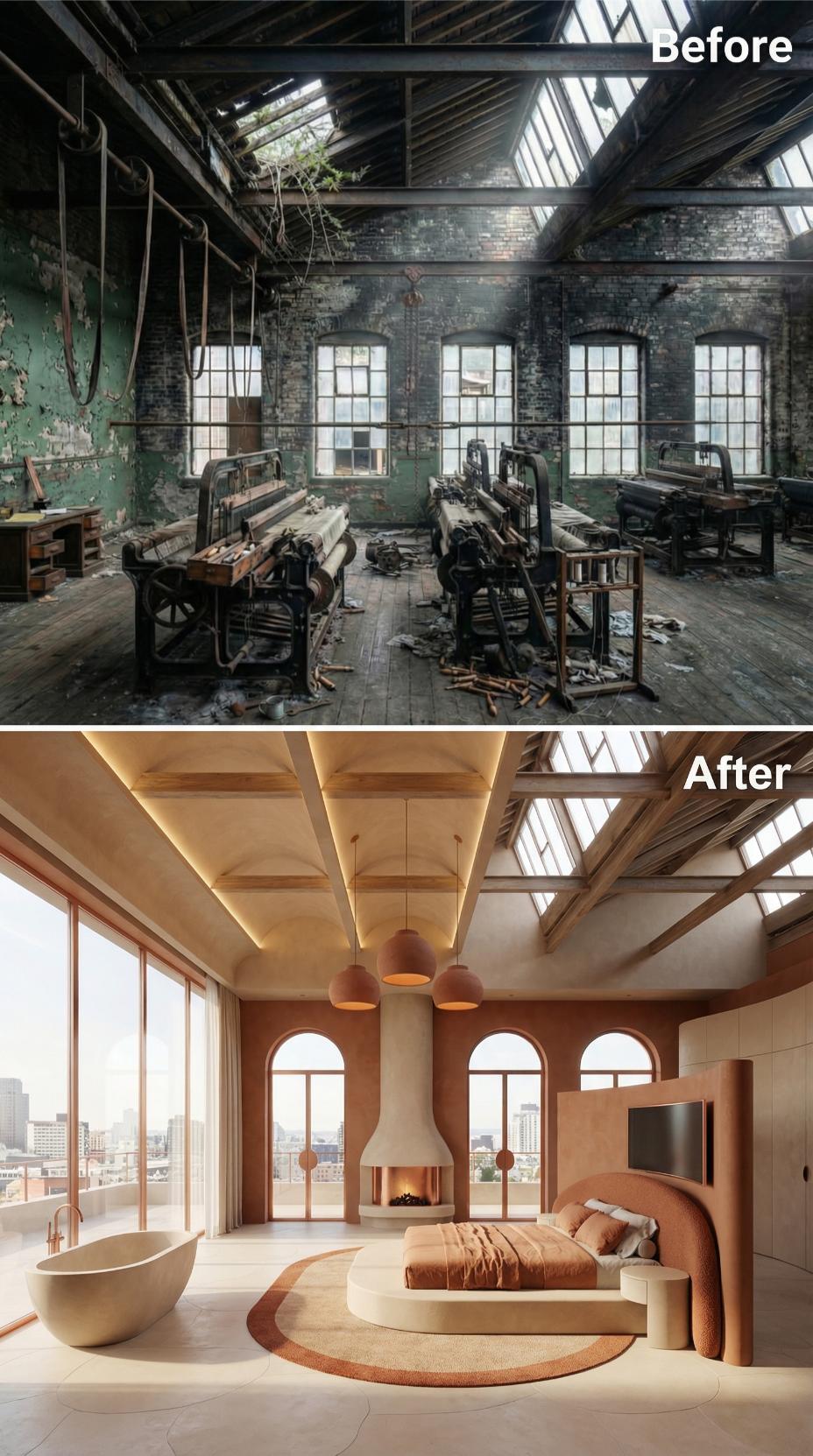 Warm Terracotta Plaster and Arched Windows Settle a Ruined Loom Floor Into Rest