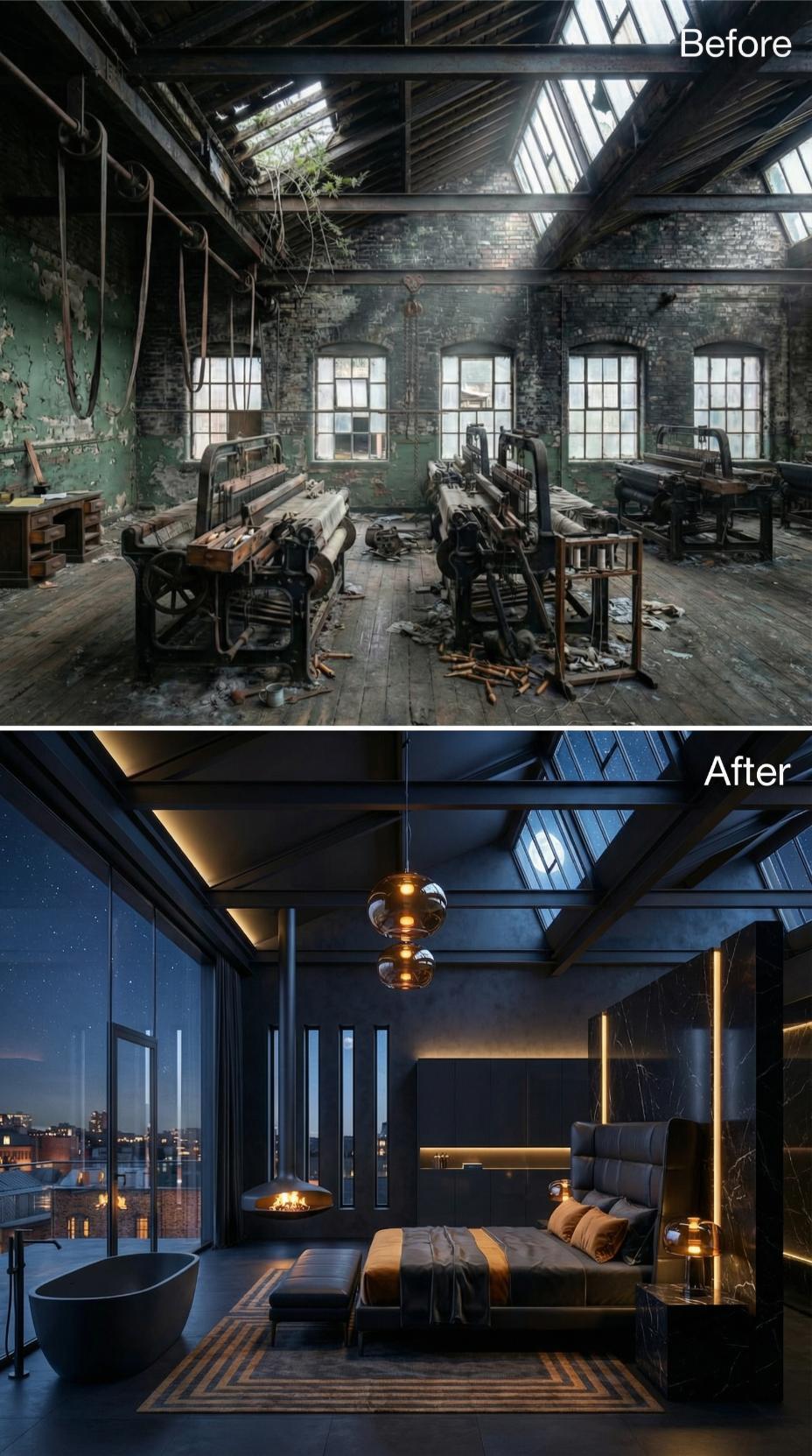 Midnight Steel Rafters and a Pendant Fireplace Claim a Derelict Loom Floor