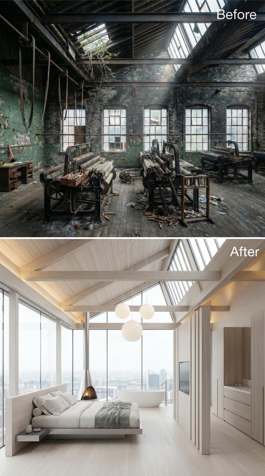 Bleached Rafter Boards and Pendant Globes Settle a Ruined Loom Floor Into Bedroom Use