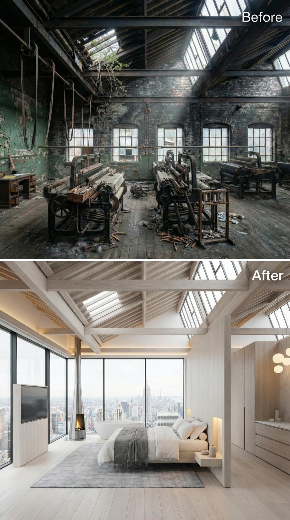 Bleached Rafters and a Pendant Fireplace Pull a Ruined Mill Corner Into Bedroom Calm