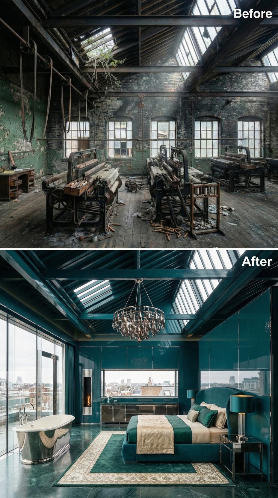 Teal Lacquer and a Freestanding Bath Reclaim a Ruined Loom Floor as Bedroom