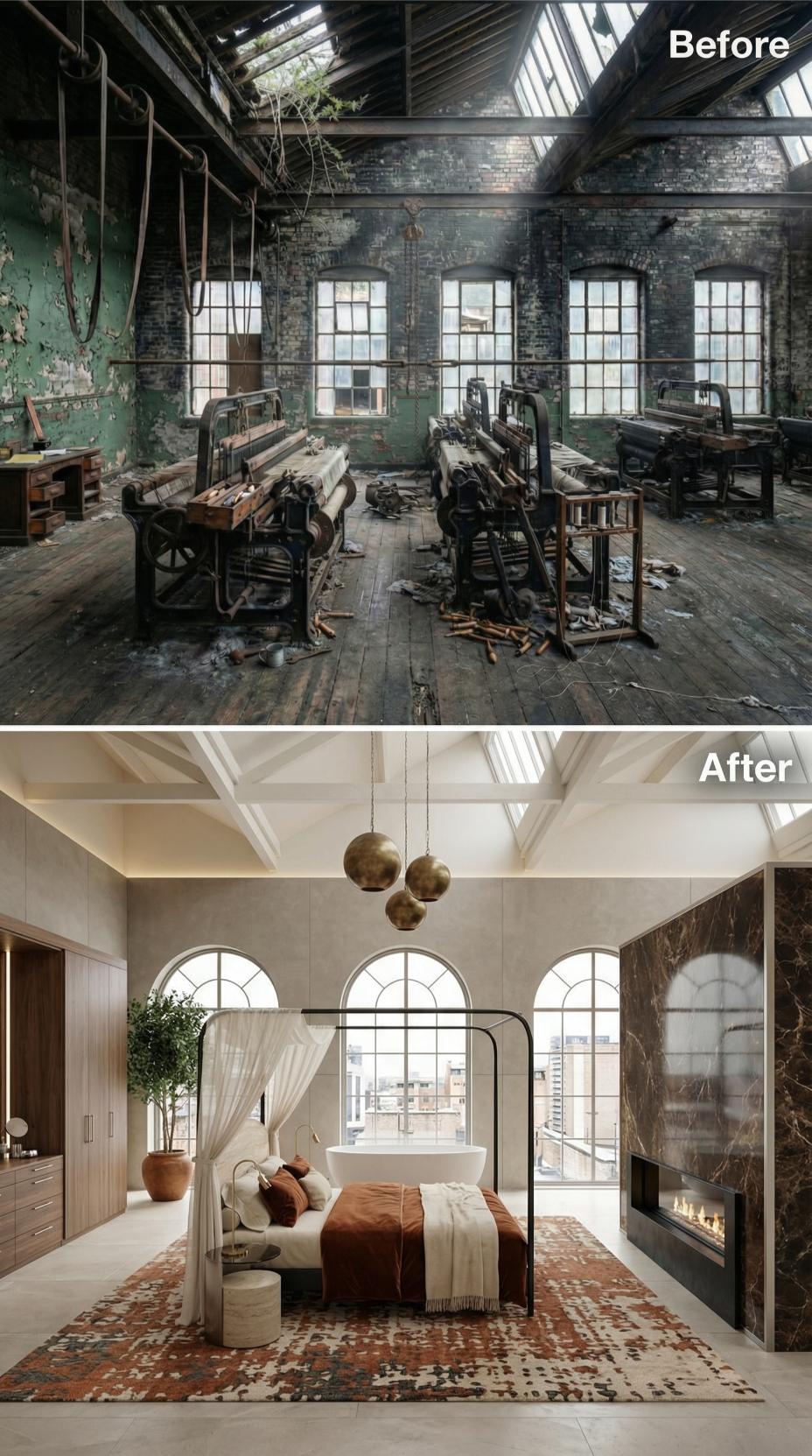 Canopy Bed and Freestanding Tub Reclaim a Victorian Mill's Loom Floor