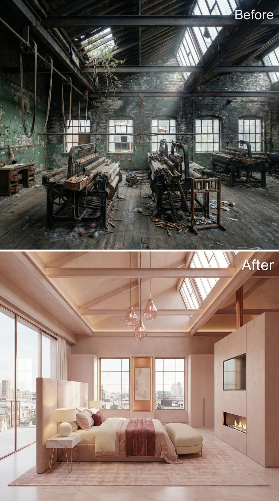 Blush Plaster and Pendant Glass Reclaim a Ruined Loom Floor as Bedroom