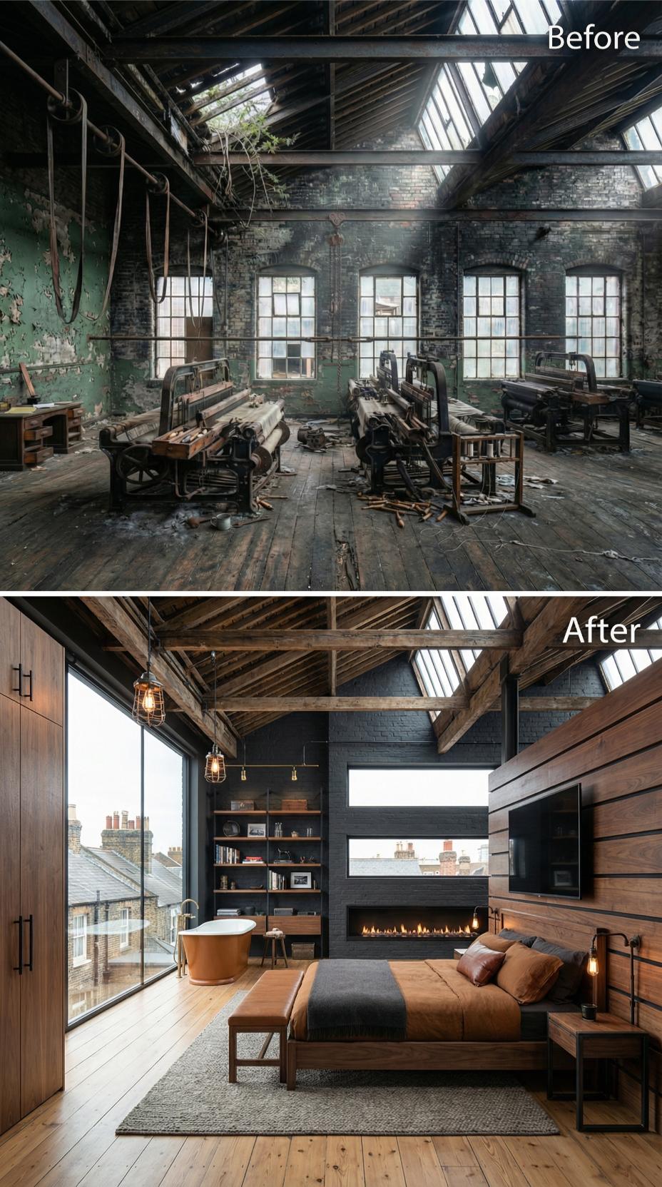 Black Brick, Walnut Cladding, and Sawtooth Skylights Reclaim a Loom Floor as Bedroom