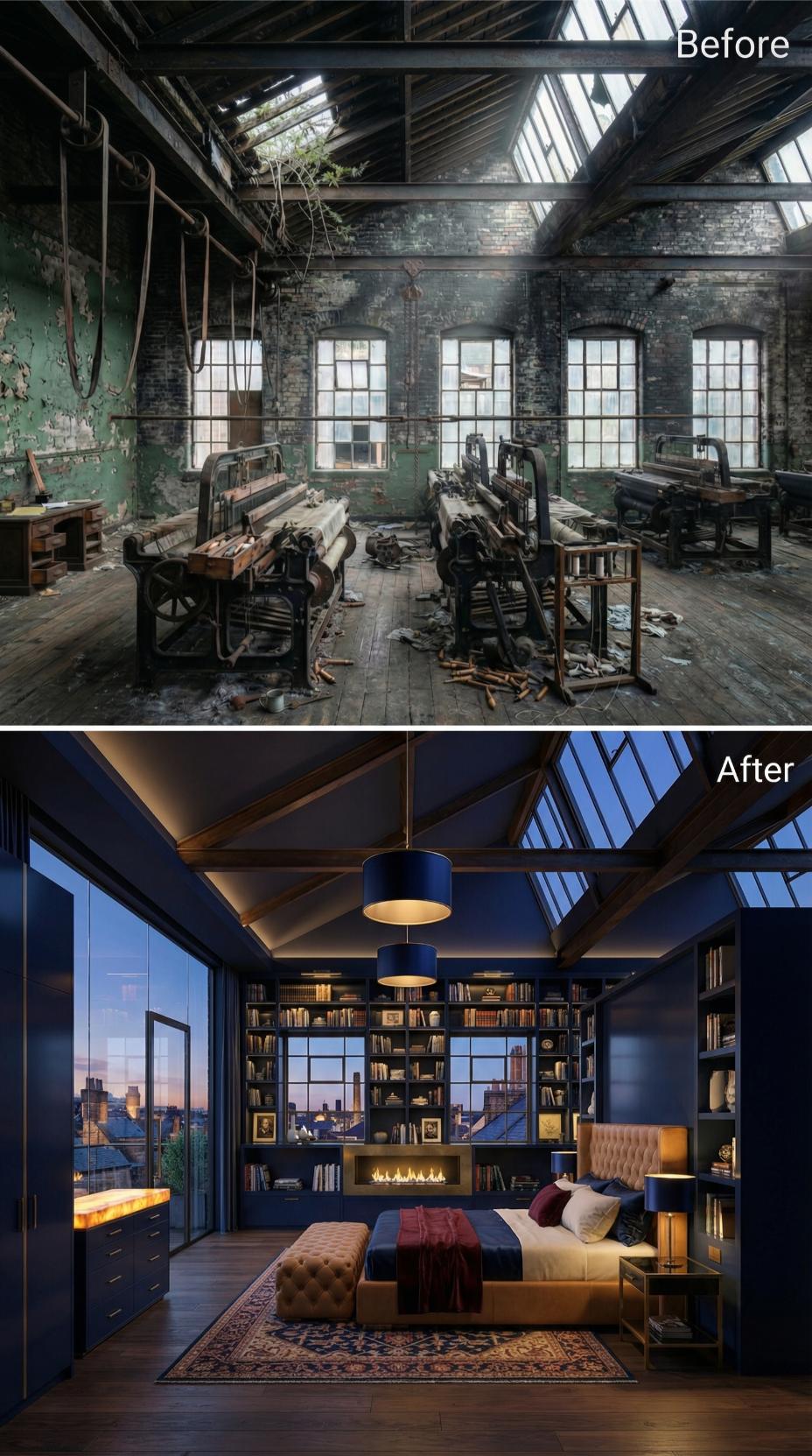 Navy Lacquer, Sawtooth Glass, and a Linear Fireplace Settle a Loom Floor Into Night