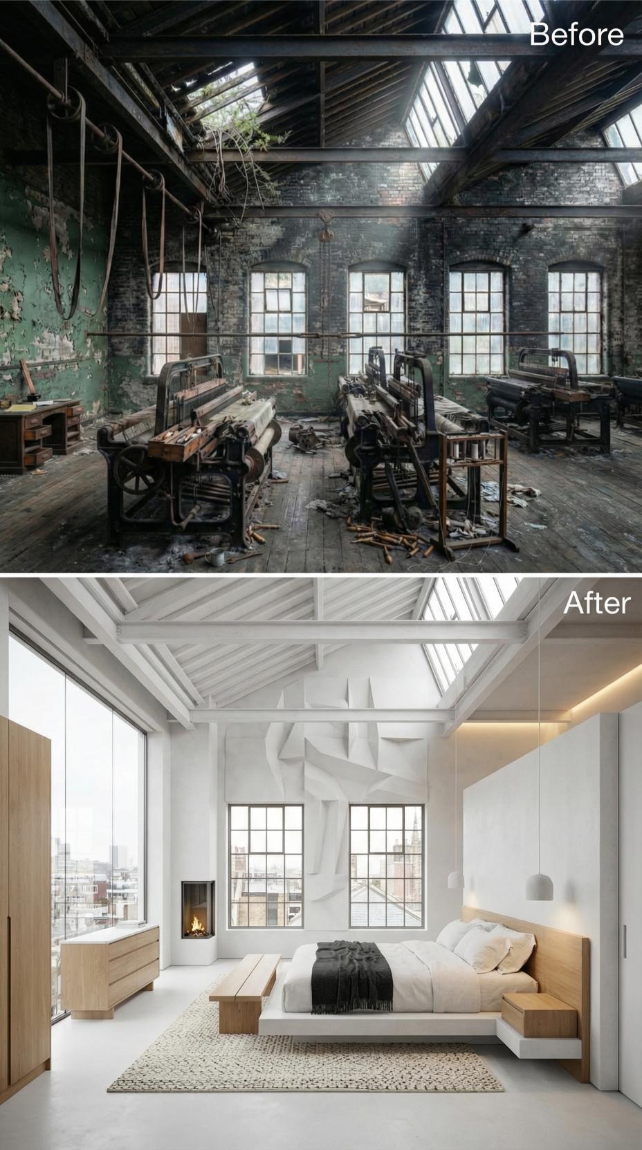 White-Painted Rafters and Oak Cladding Quiet a Derelict Loom Floor Into Bedroom Use