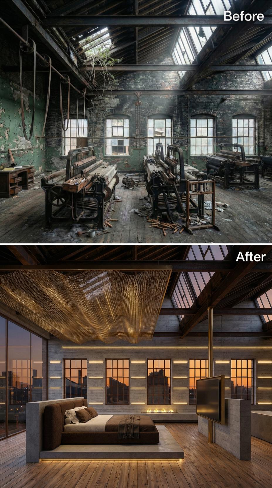 Chainmail Ceiling Panels and Fireplace Flame Pull a Derelict Loom Floor Into Bedroom Use