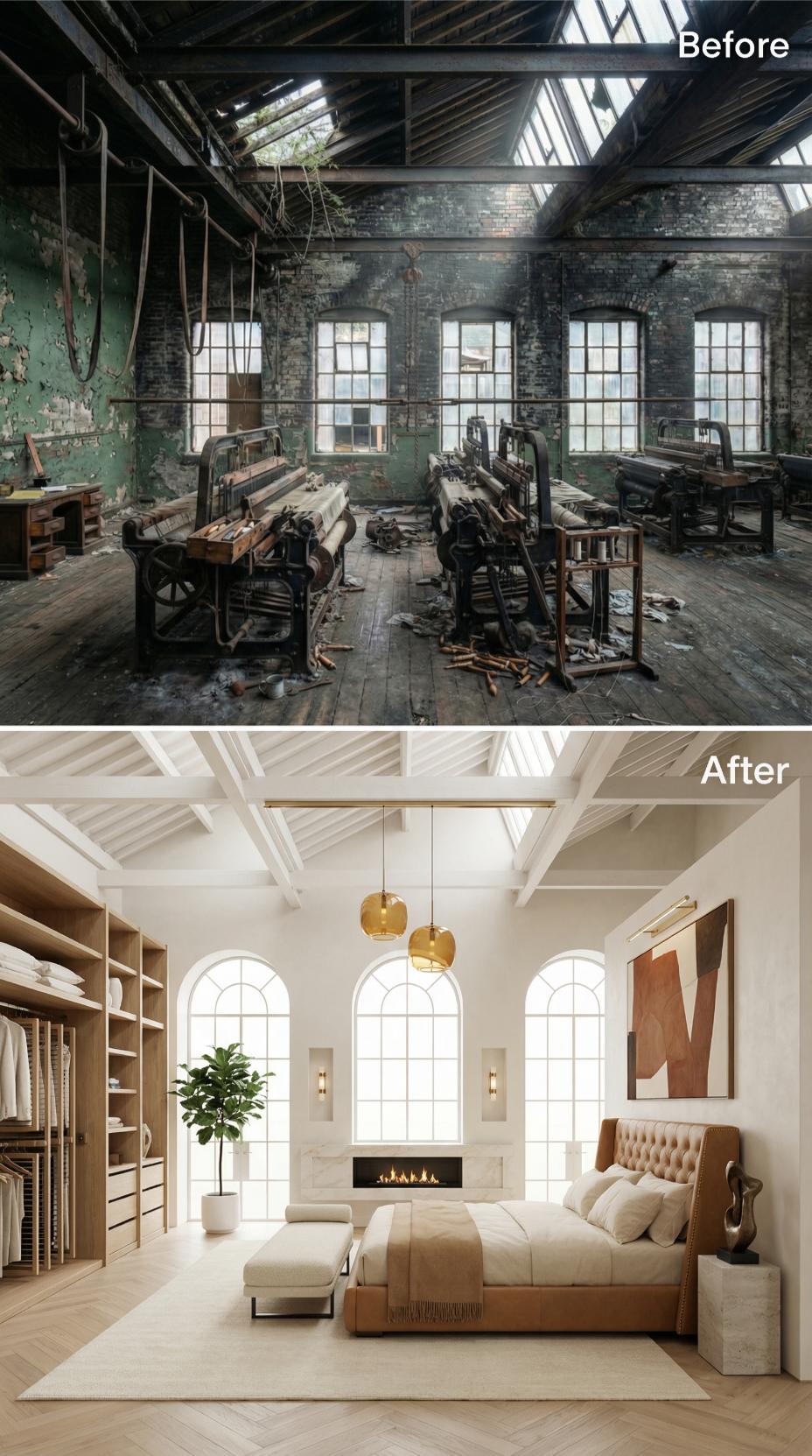 Gilt Pendants and Arched Windows Reclaim a Victorian Mill's Loom Floor