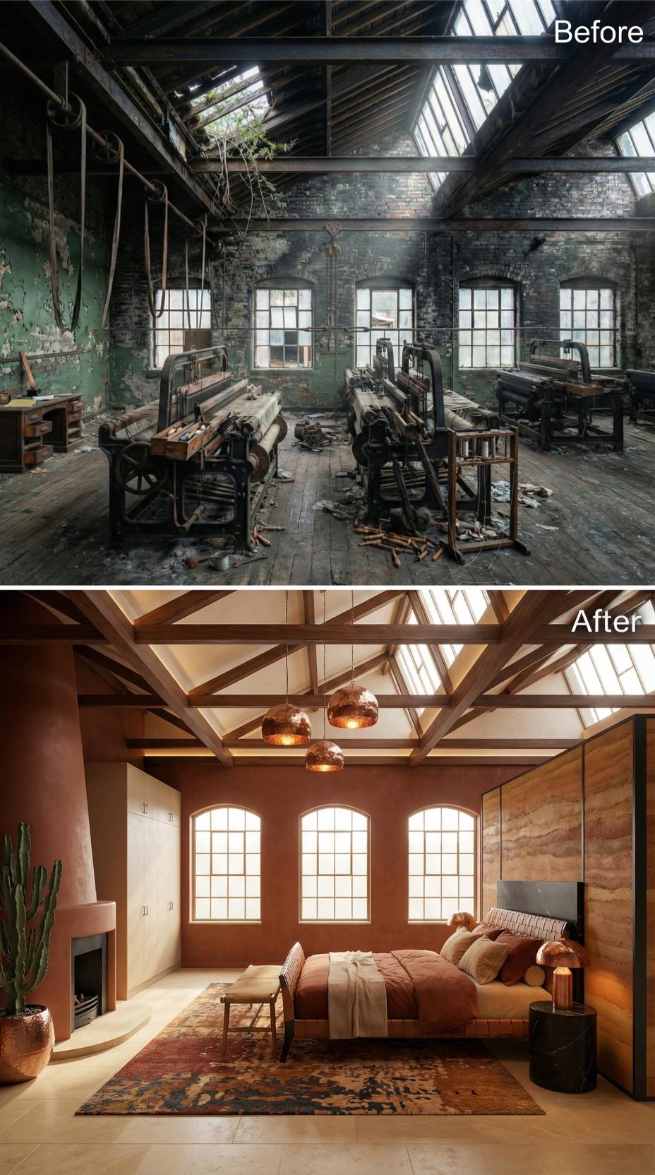 Terracotta Plaster and Copper Pendants Claim an Abandoned Victorian Loom Floor