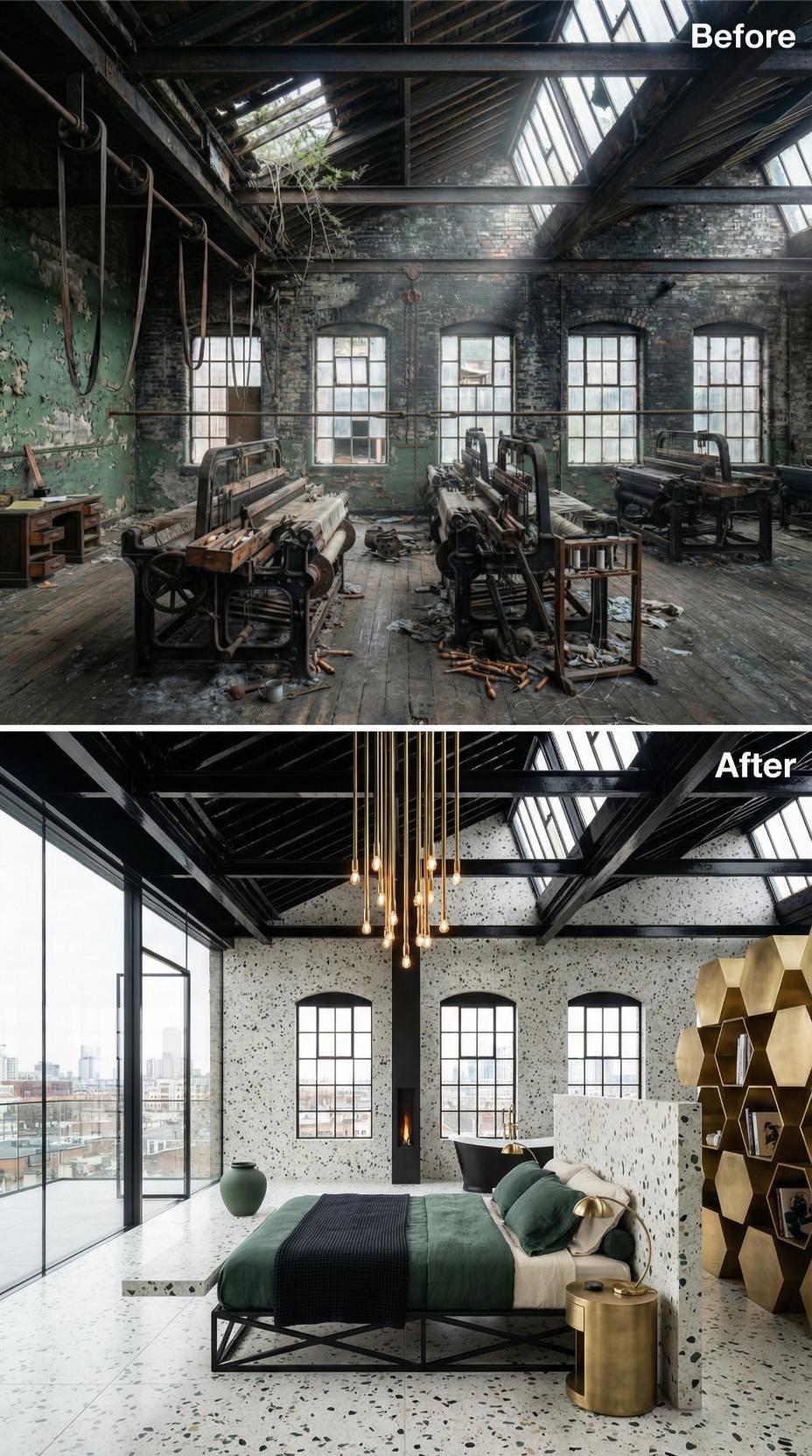 Terrazzo Walls and Honeycomb Brass Shelving Reclaim a Loom Floor's Corner