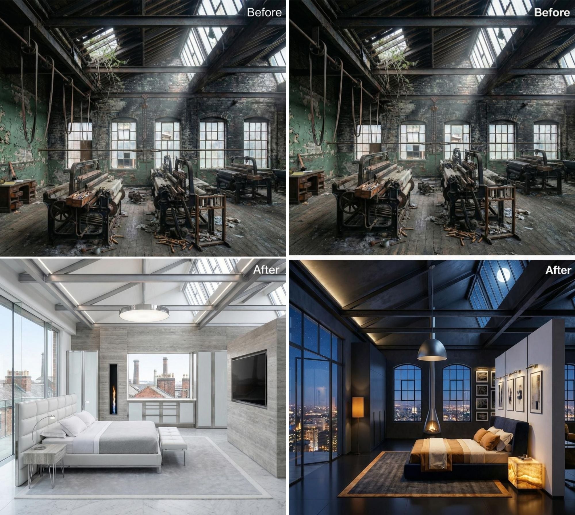 36 Ultra-Luxe Bedroom Designs Rescued From the Ruins of an Abandoned Victorian Textile Mill (Before & After Pics)