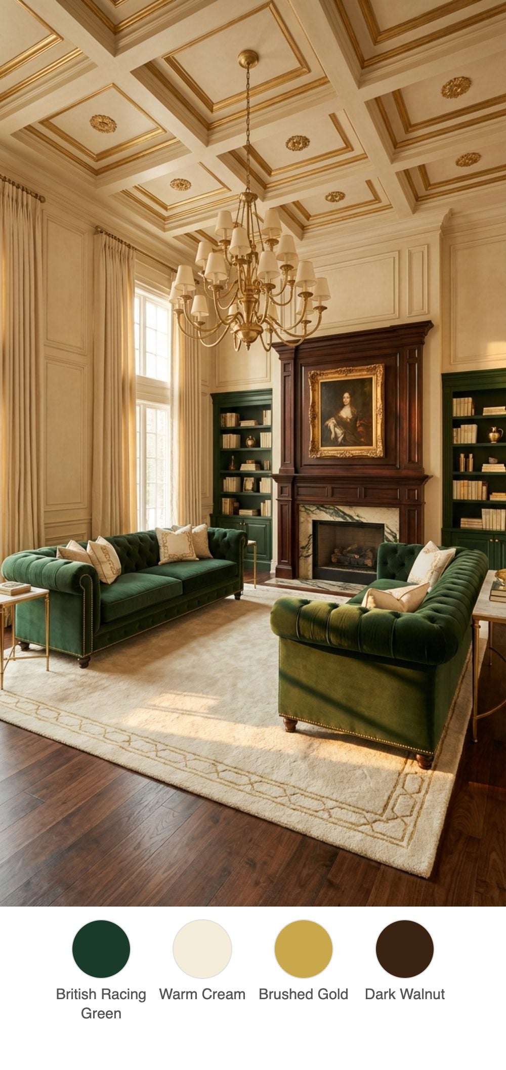 Ultra-Luxurious Traditional Living Room with British Racing Green Velvet Sofas and Coffered Gold Ceiling