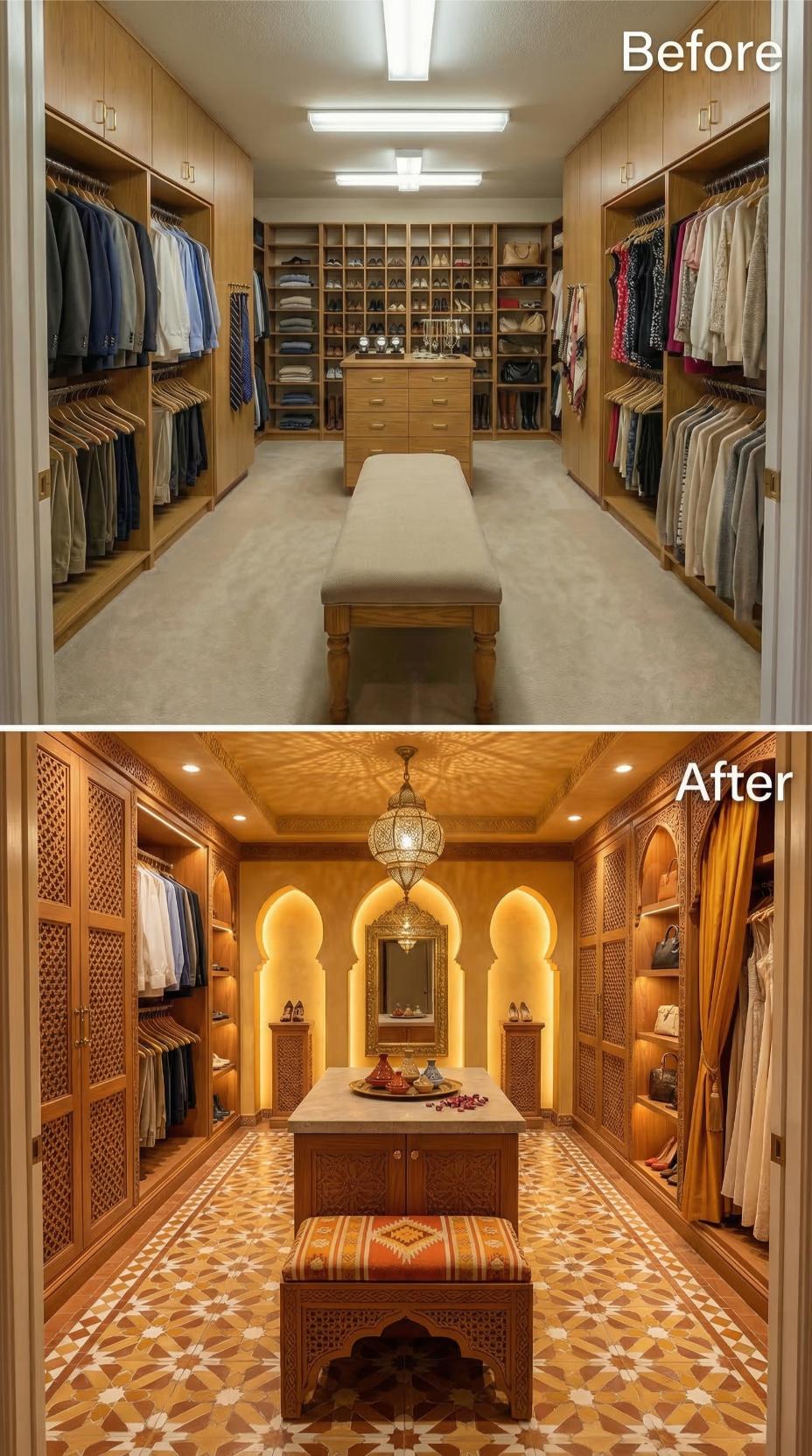 Moroccan Arched Niches and Patterned Tile Floor Override Oak Cubby Storage