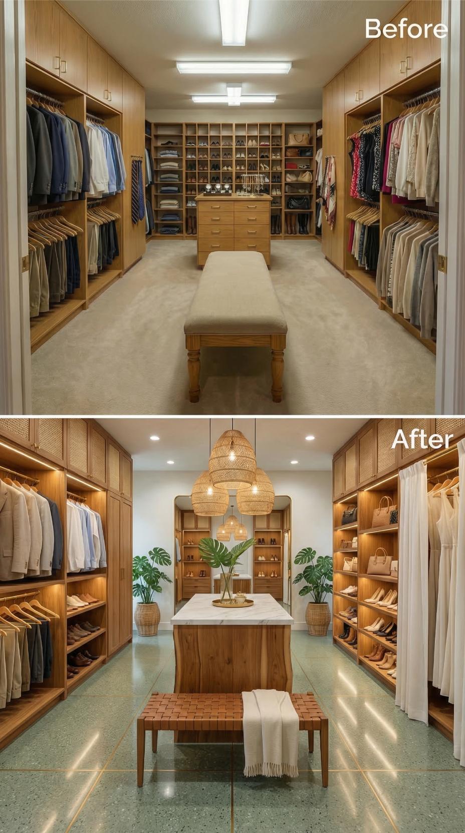 Woven Pendants and Terrazzo Flooring Overhaul Traditional Oak Built-Ins