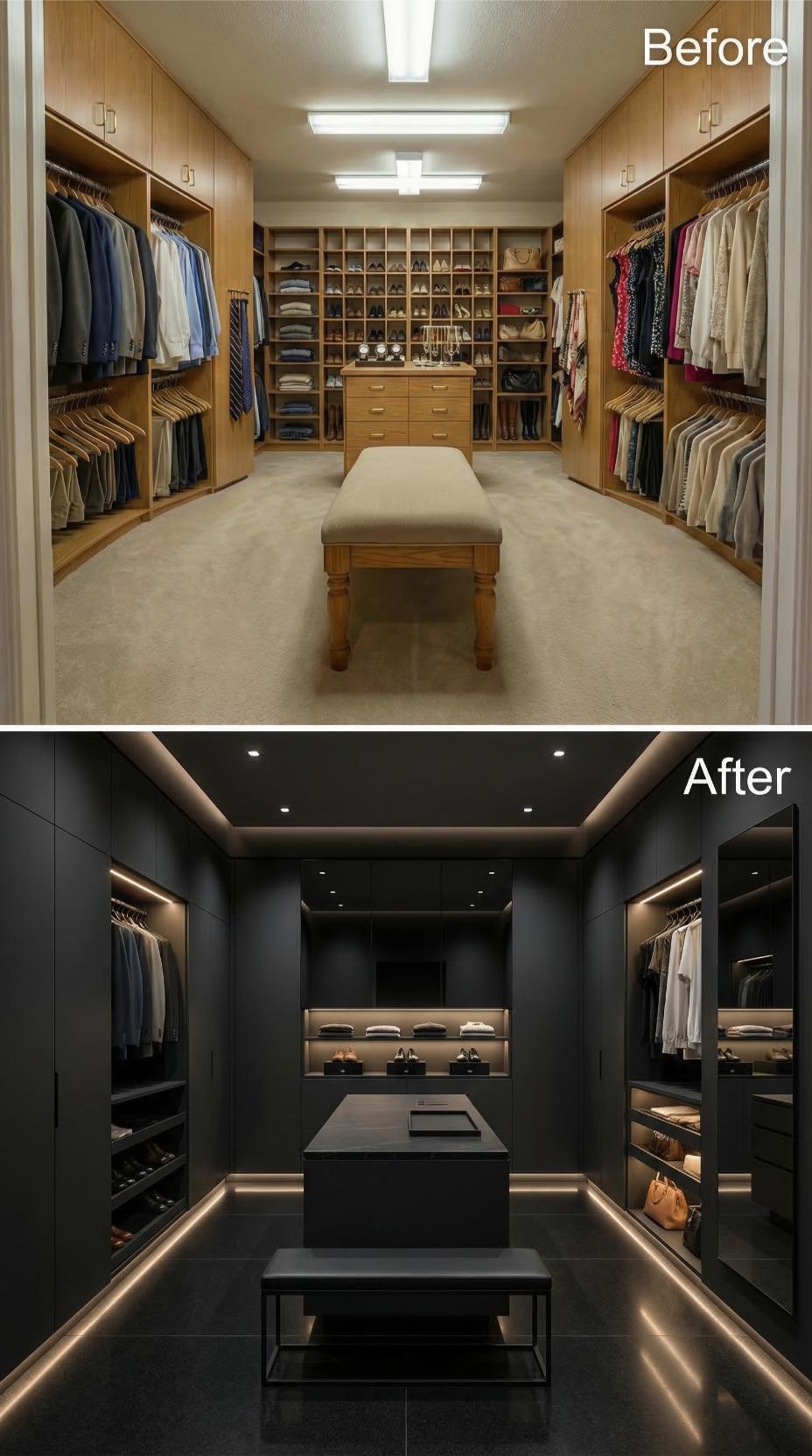 Matte Black Millwork and LED Strip Lighting Obscure Oak Cubbies
