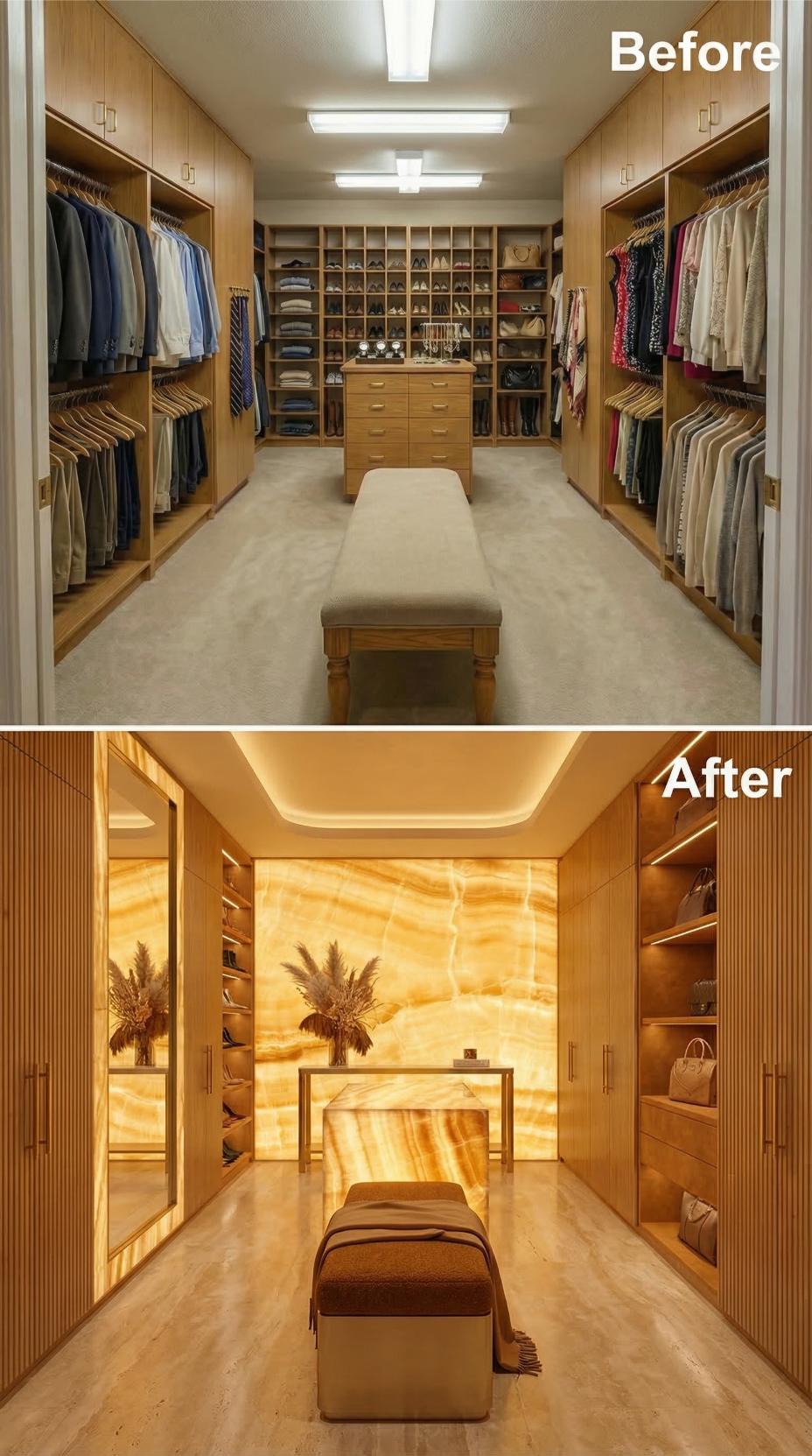 Backlit Onyx Feature Wall and Fluted Cabinetry Erase Oak Shoe Cubbies