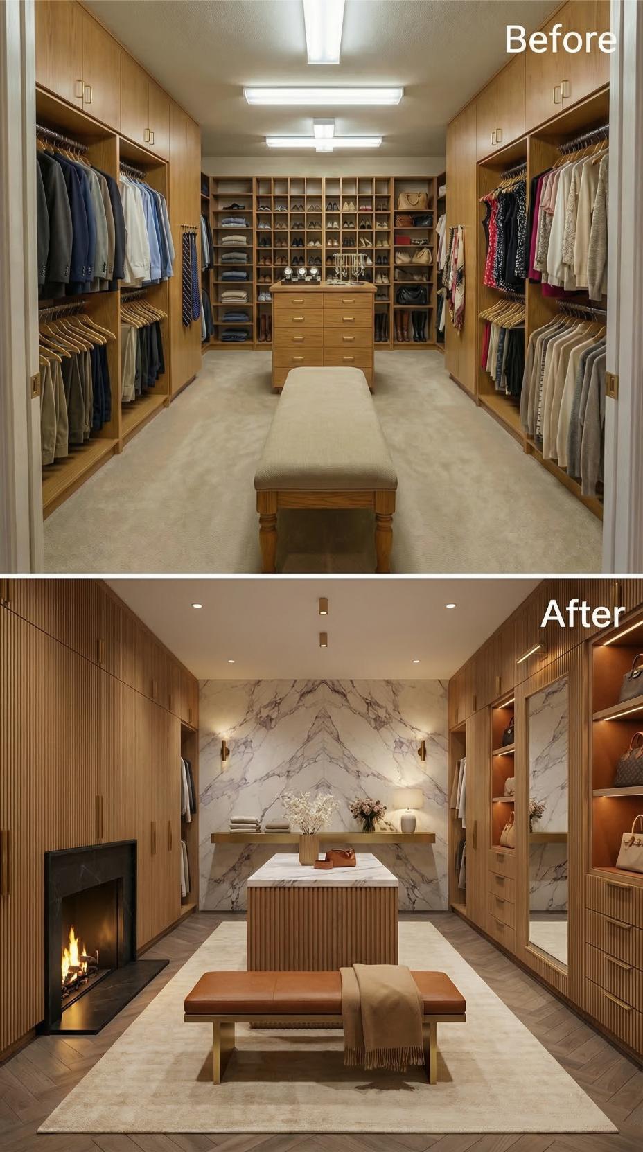 Fireplace Inglenook and Book-Matched Calacatta Panels Abolish Oak Grid