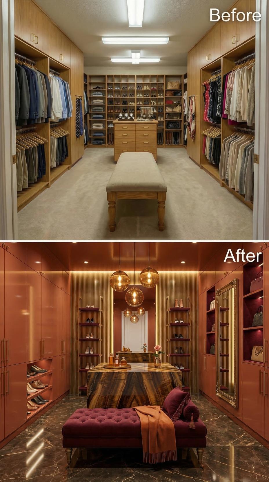 Burgundy Lacquer Panels and Bronze Globe Pendants Replace Blonde Storage Grid