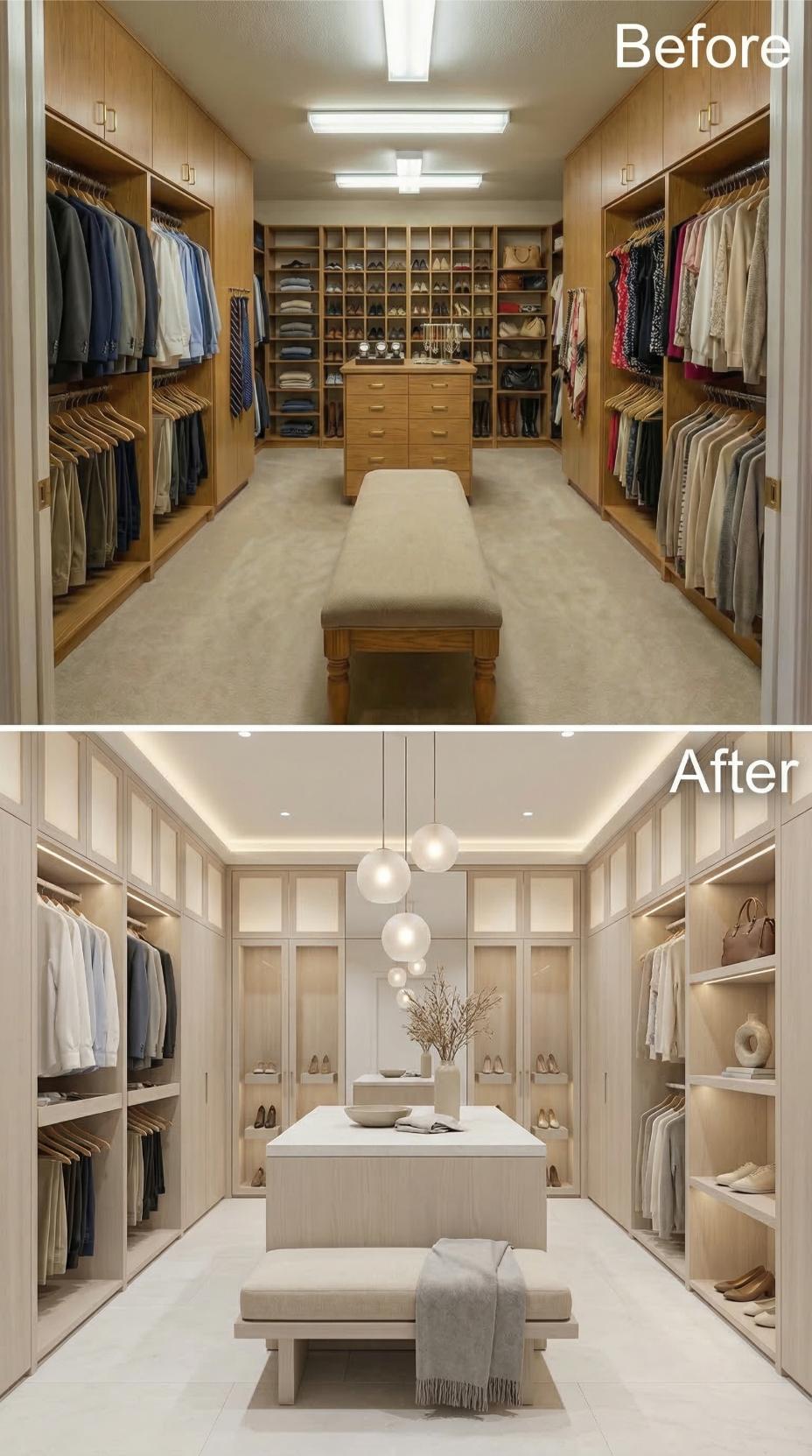 Honey Oak Shoe Cubbies Replaced by Floating White Display Island