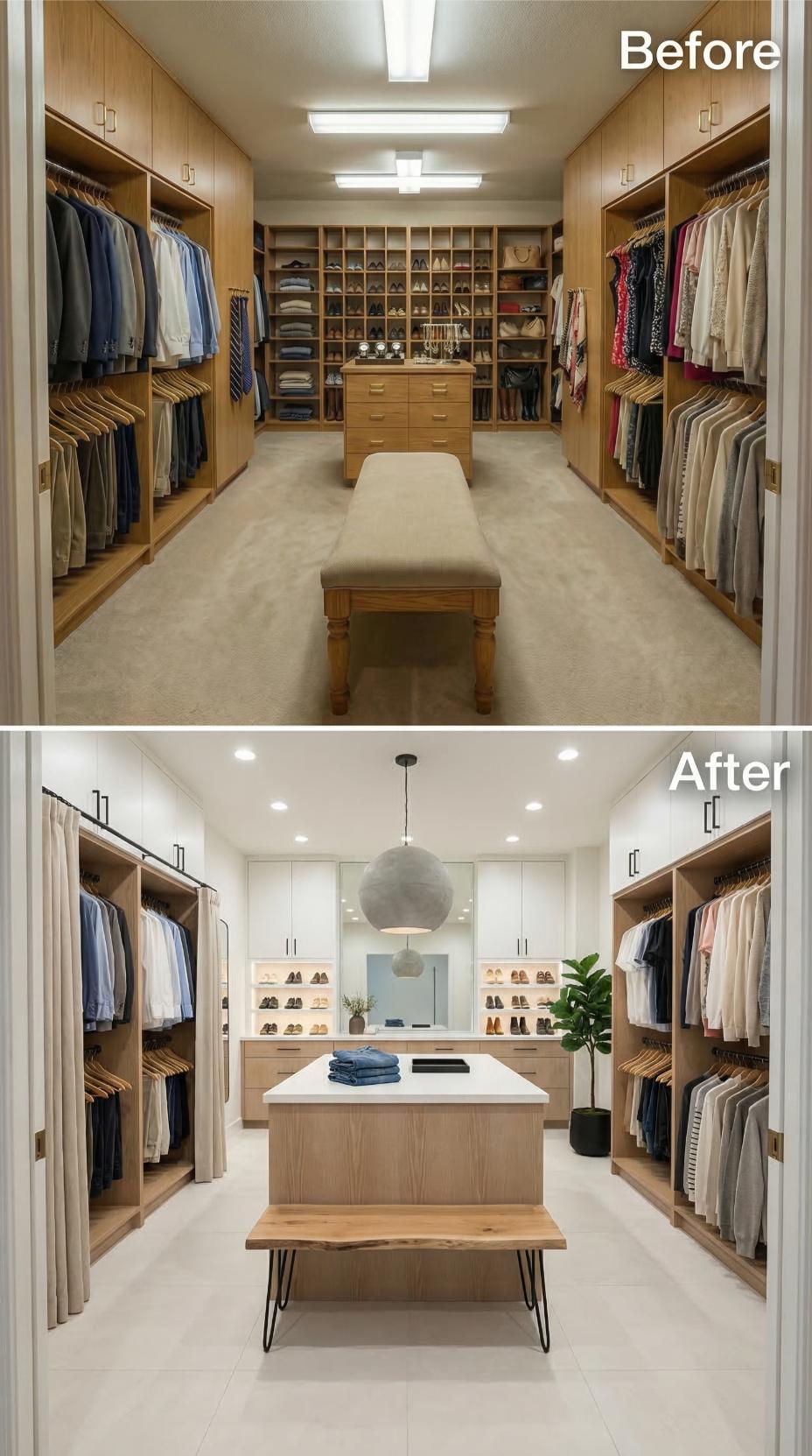 Linen Curtains and Backlit Shoe Shelves Erase Oak Cubby Overload