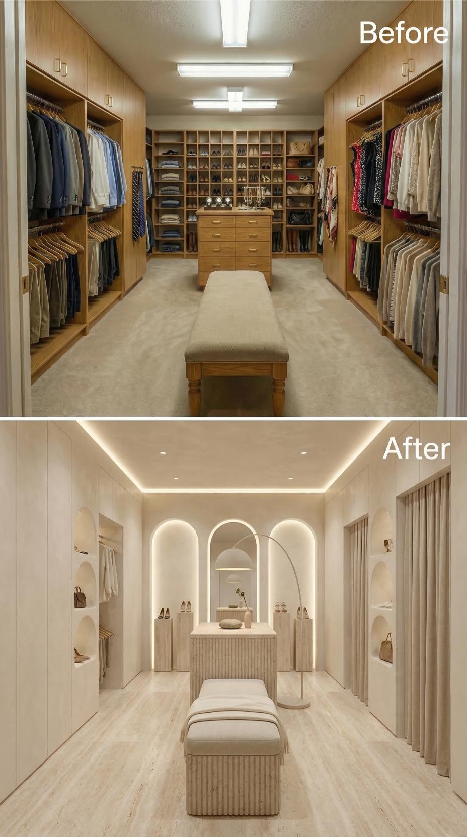 LED Cove Lighting and Arched Niches Replace Generic Overhead Fixtures