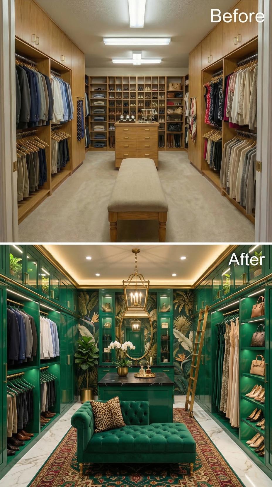 Emerald Lacquer Panels and Tropical Wallpaper Override Blonde Oak