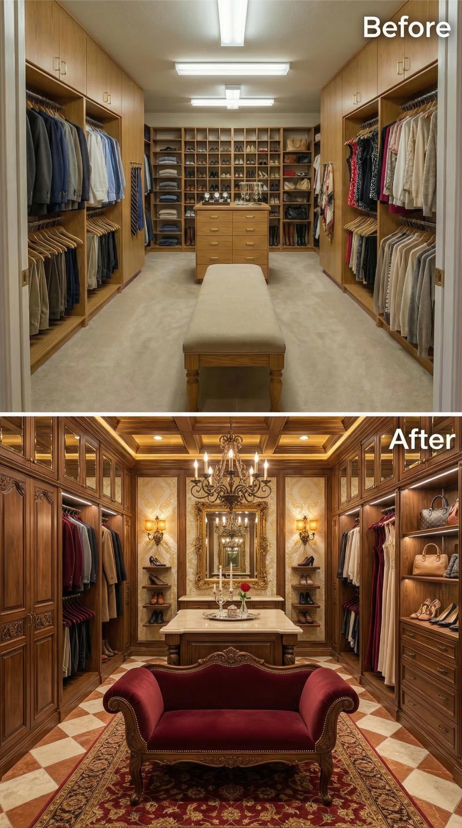 Coffered Mahogany Ceiling and Ornate Mirror Centerpiece Replace Flat Oak