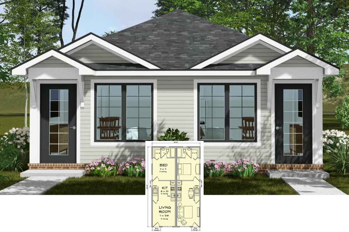 Cottage-Style Ranch Duplex for a Narrow Lot with Two 1-Bed Units (Floor Plan)