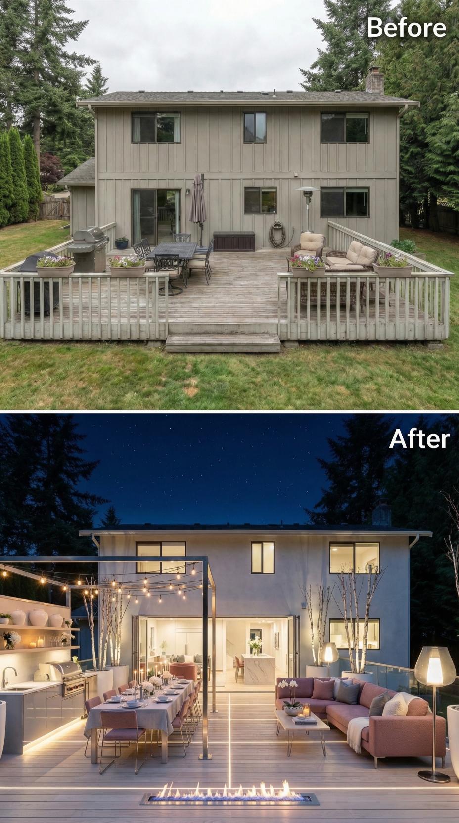 Worn Timber Deck Rebuilt With a Linear Fire Feature, Outdoor Kitchen, and String Light Pergola