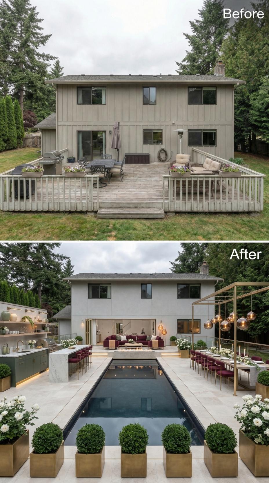 Stucco Exterior, Lap Pool, and Brass Pergola Displace a Weathered Suburban Deck