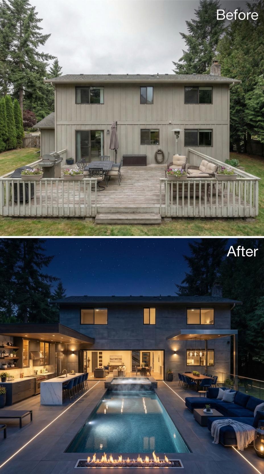 Concrete Cladding, a Lap Pool With Fire Trench, and Outdoor Kitchen Replace a Dated Suburban Deck