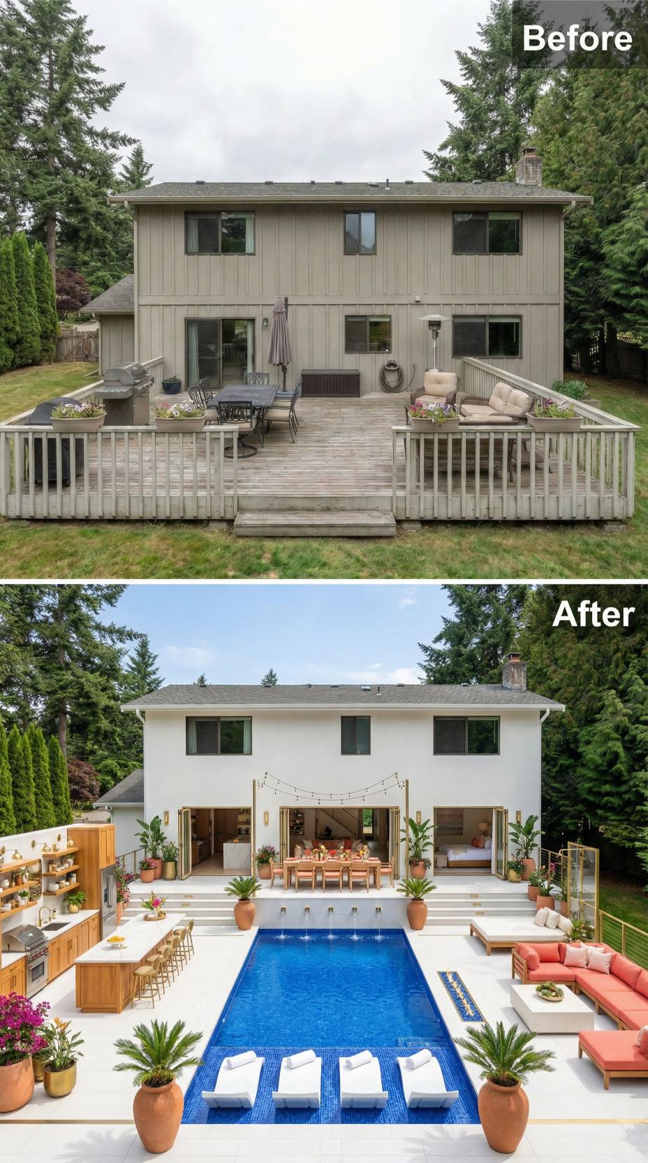 Stucco Cladding, Brass Wall Sconces, and a Lap Pool Displace a Tired Wooden Deck