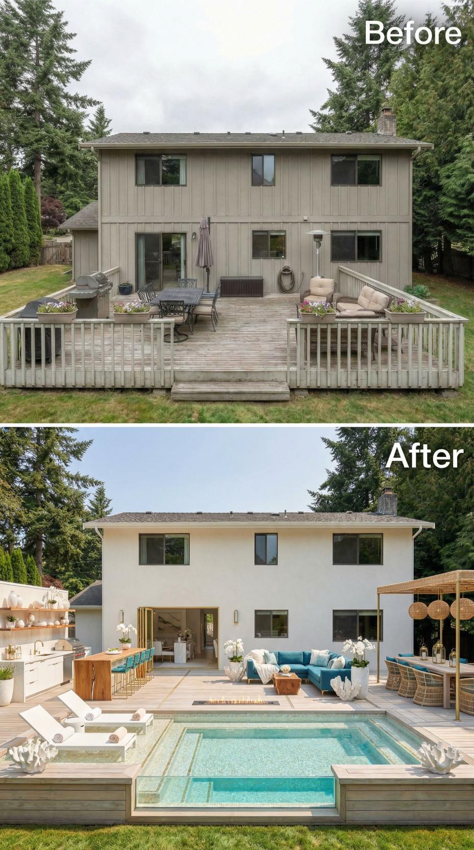 Bleached Deck Boards, Plunge Pool, and Brass Pergola Pull a Tired Suburban Yard Into Focus