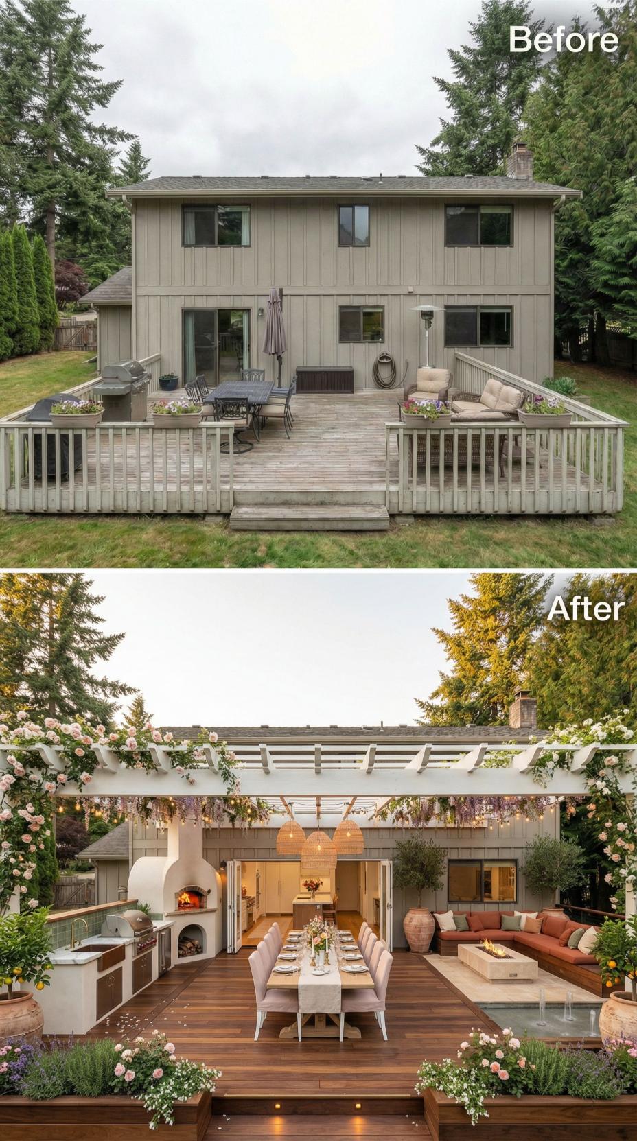 Ipe Decking, a Wood-Fired Pizza Oven, and a White Pergola Buried in Wisteria Replace a Tired Suburban Deck