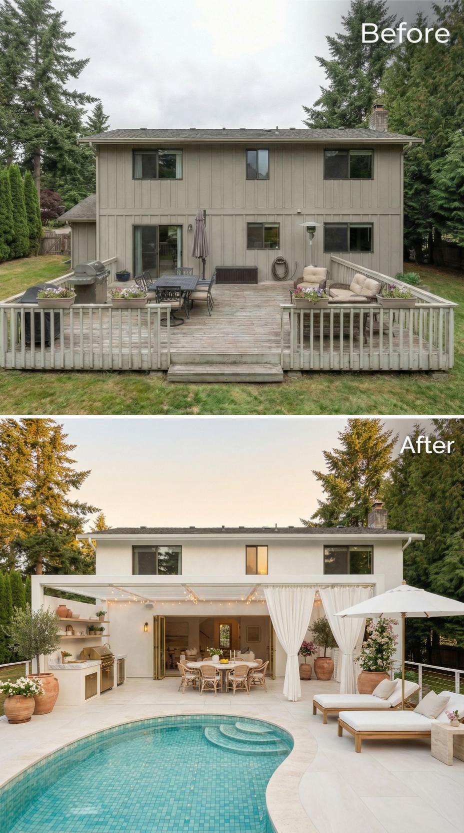 Folding Glass Walls, a Kidney Pool, and String Lights Replace a Board-and-Batten Suburban Deck