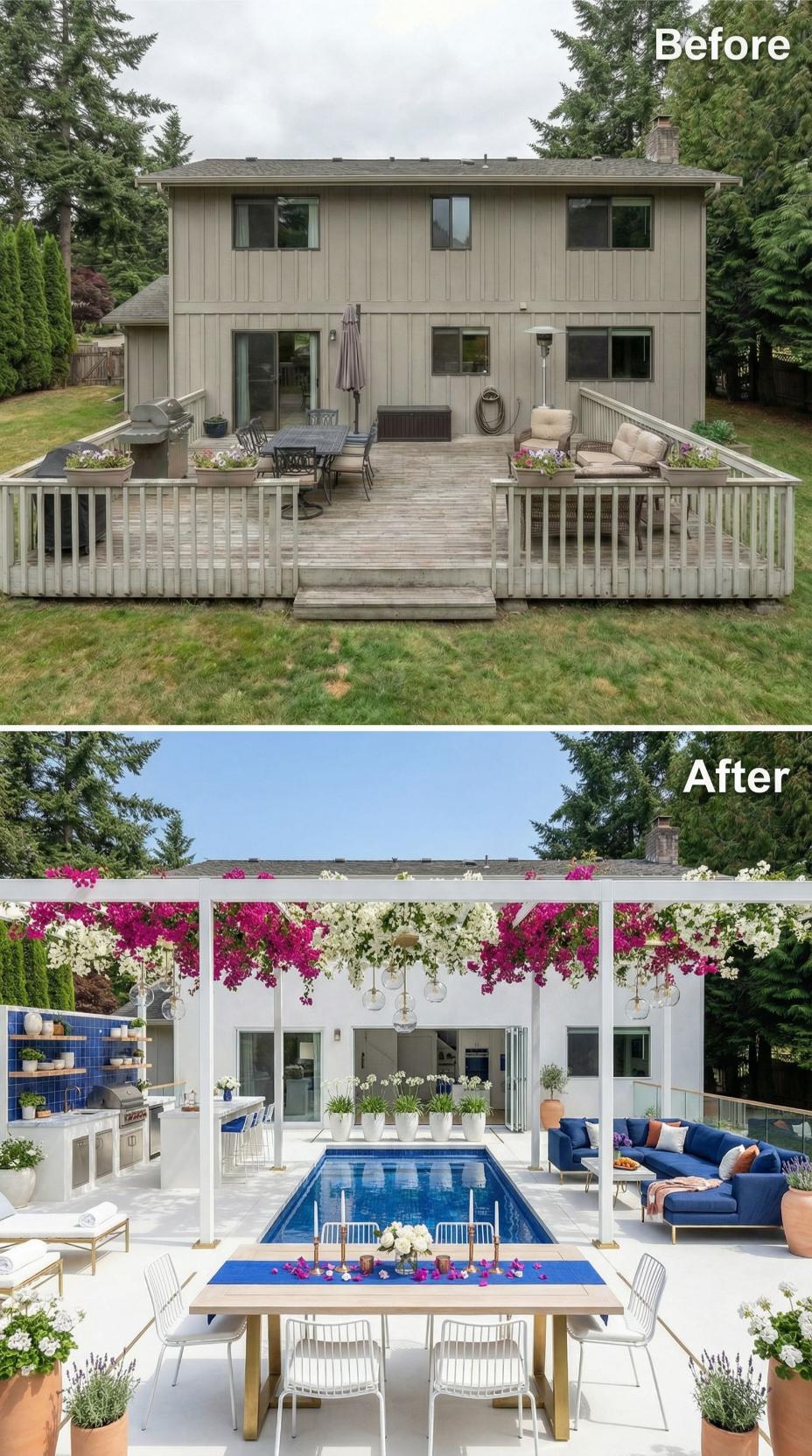 Bougainvillea-Draped Pergola, Lap Pool, and Blue Tile Kitchen Bury a Weathered Deck