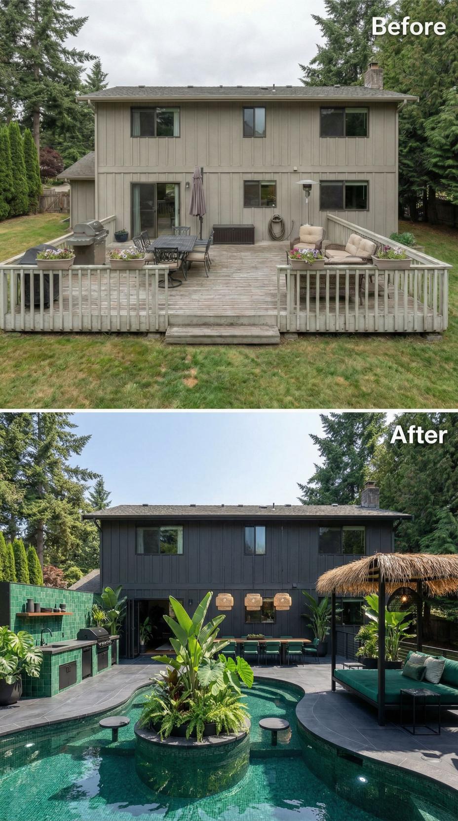 Dark Cedar Cladding, Green Mosaic Pool, and a Thatched Palapa Replace a Faded Wooden Deck