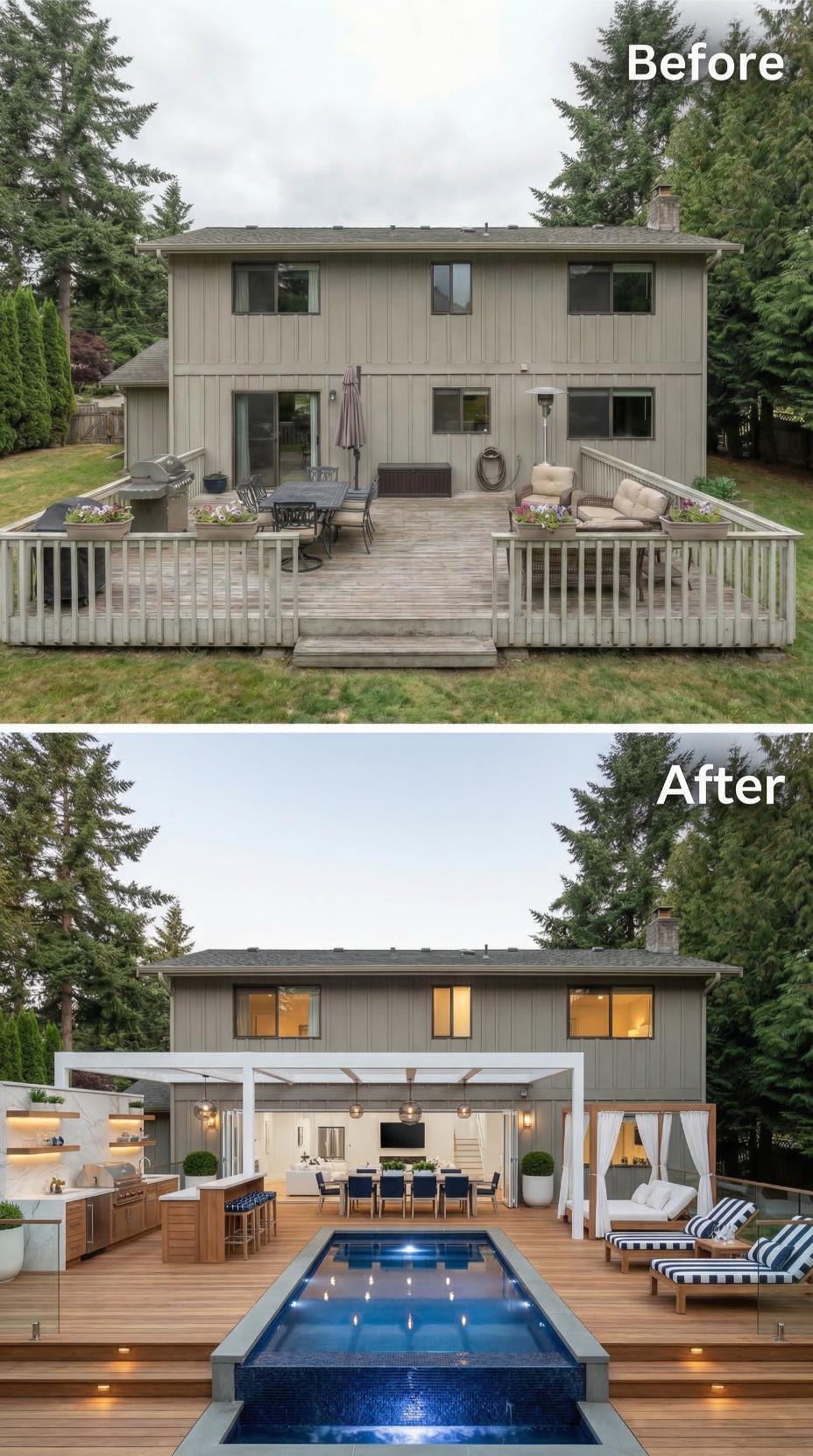 Weathered Wood Deck Replaced by Cedar, Pergola, and Lap Pool Compound