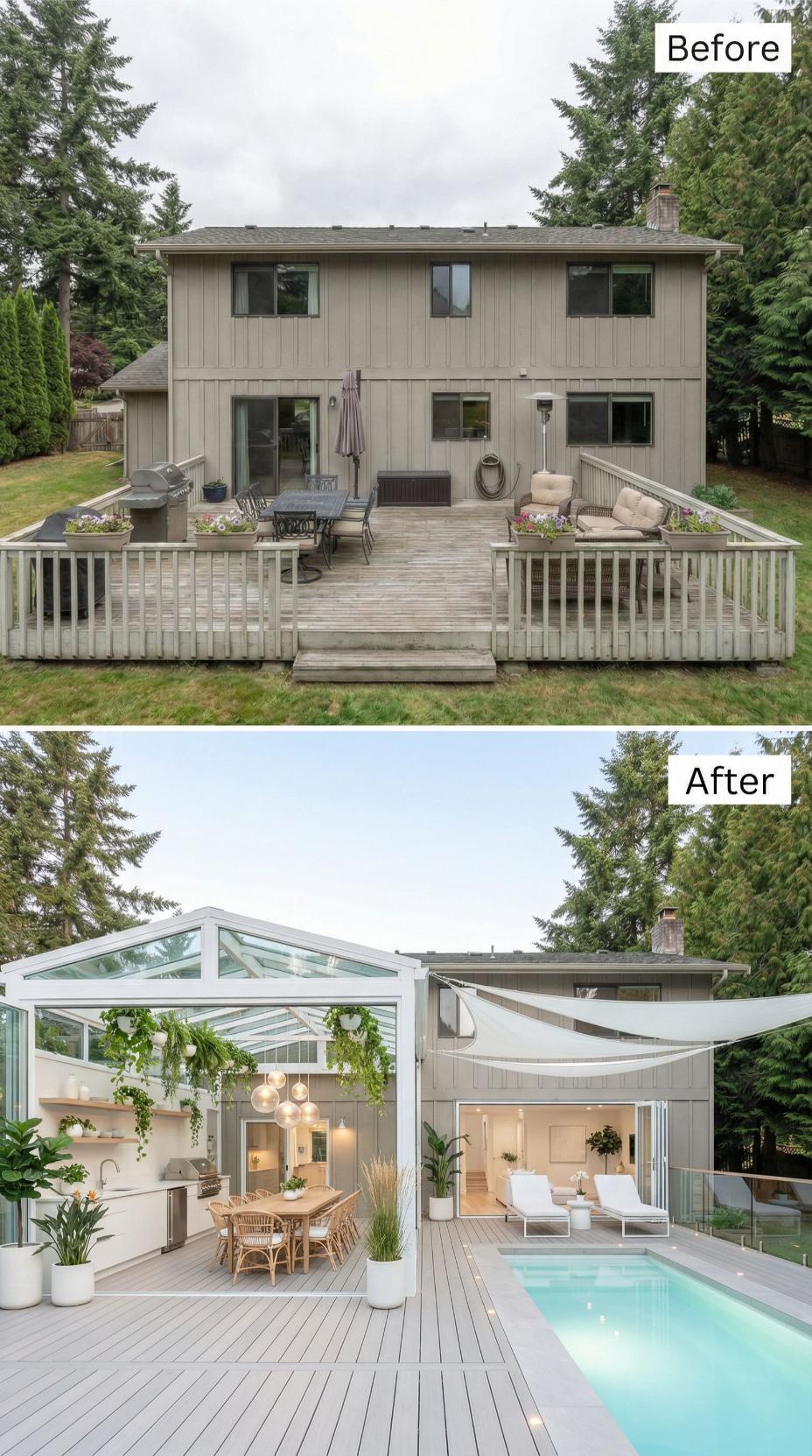 Glass Pavilion, Sail Shades, and a Lap Pool Displace a Weathered Timber Deck