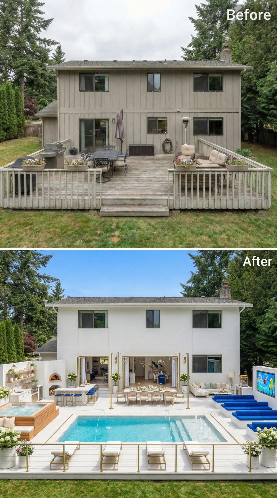 Gold Railings, a Rectangular Pool With Scupper Jets, and an Outdoor Cinema Replace a Weathered Deck