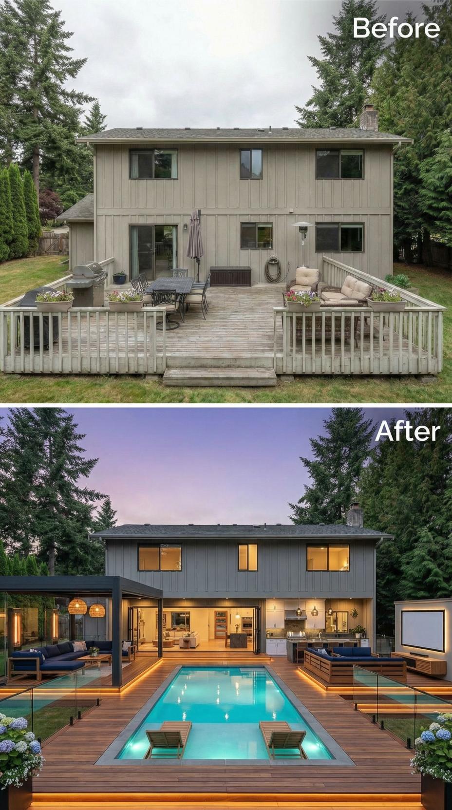 Frameless Glass Rails, Warm Ipe Decking, and an Illuminated Pool Replace a Gray Weathered Deck